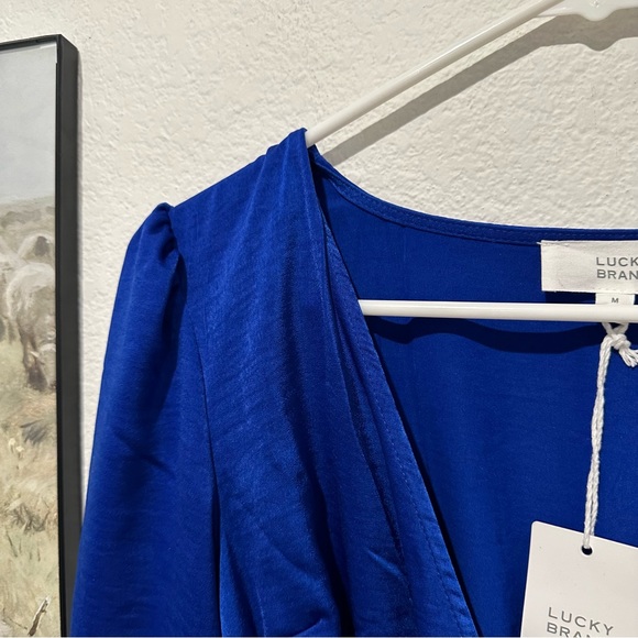 Lucky Brand Women’s Royal Blue V-Neck Long Sleeve Boho Silky Peasant Dress - Picture 7 of 10